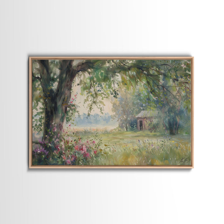 Painting Of An Old Farmhouse In The Spring, Framed Canvas Print, Watercolor Painting, Original Art, Living Room Art, Wall Art