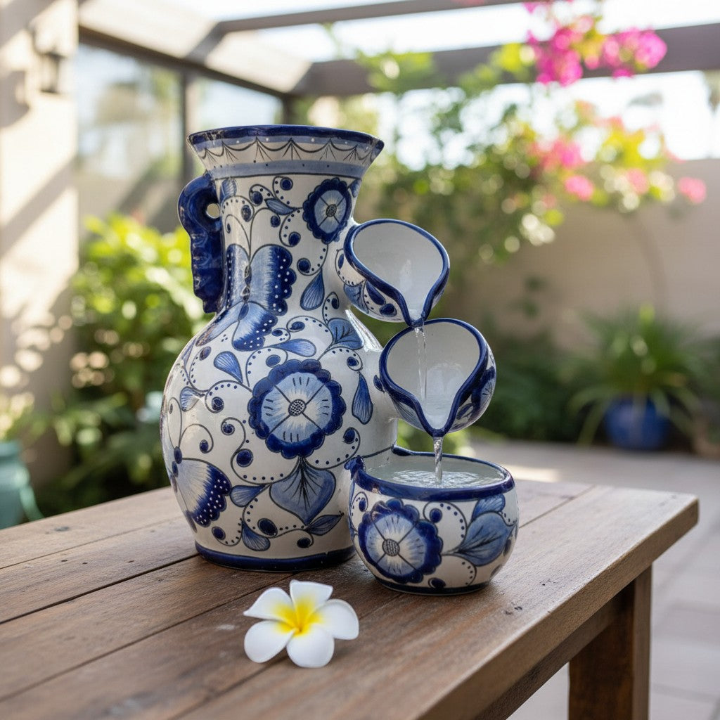 Blue & White Talavera Fountain | Handcrafted Floral Butterfly