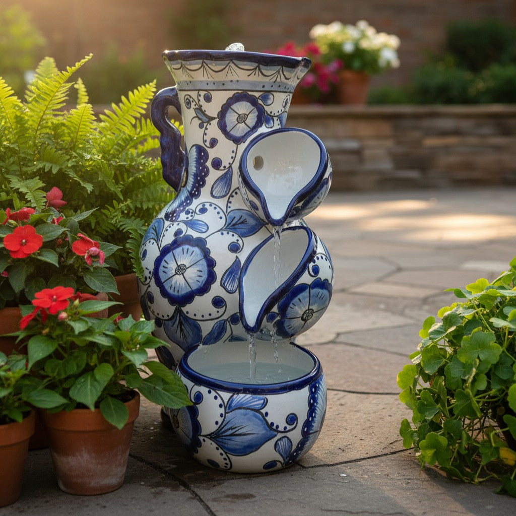 Blue & White Talavera Fountain | Handcrafted Floral Butterfly