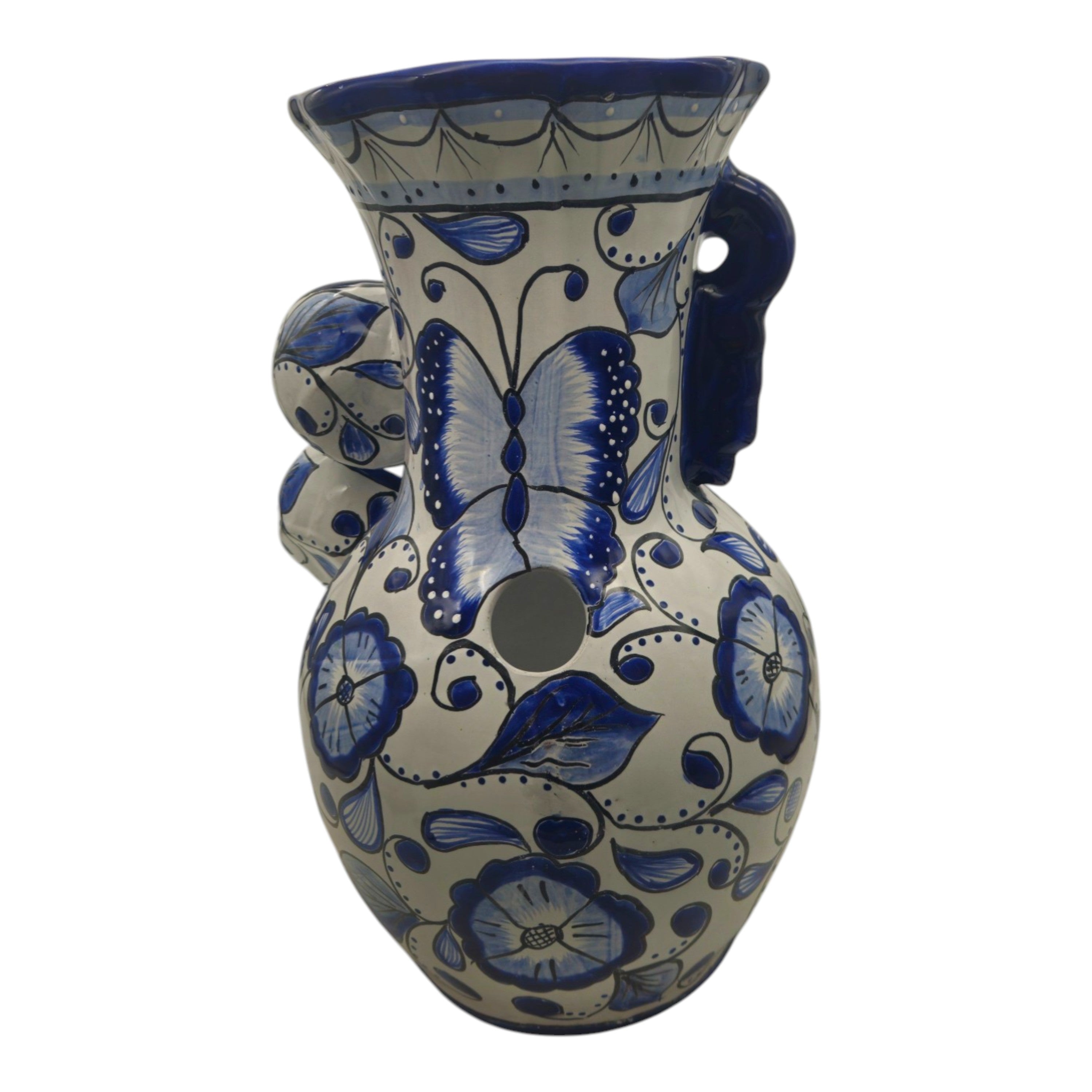 Blue & White Talavera Fountain | Handcrafted Floral Butterfly