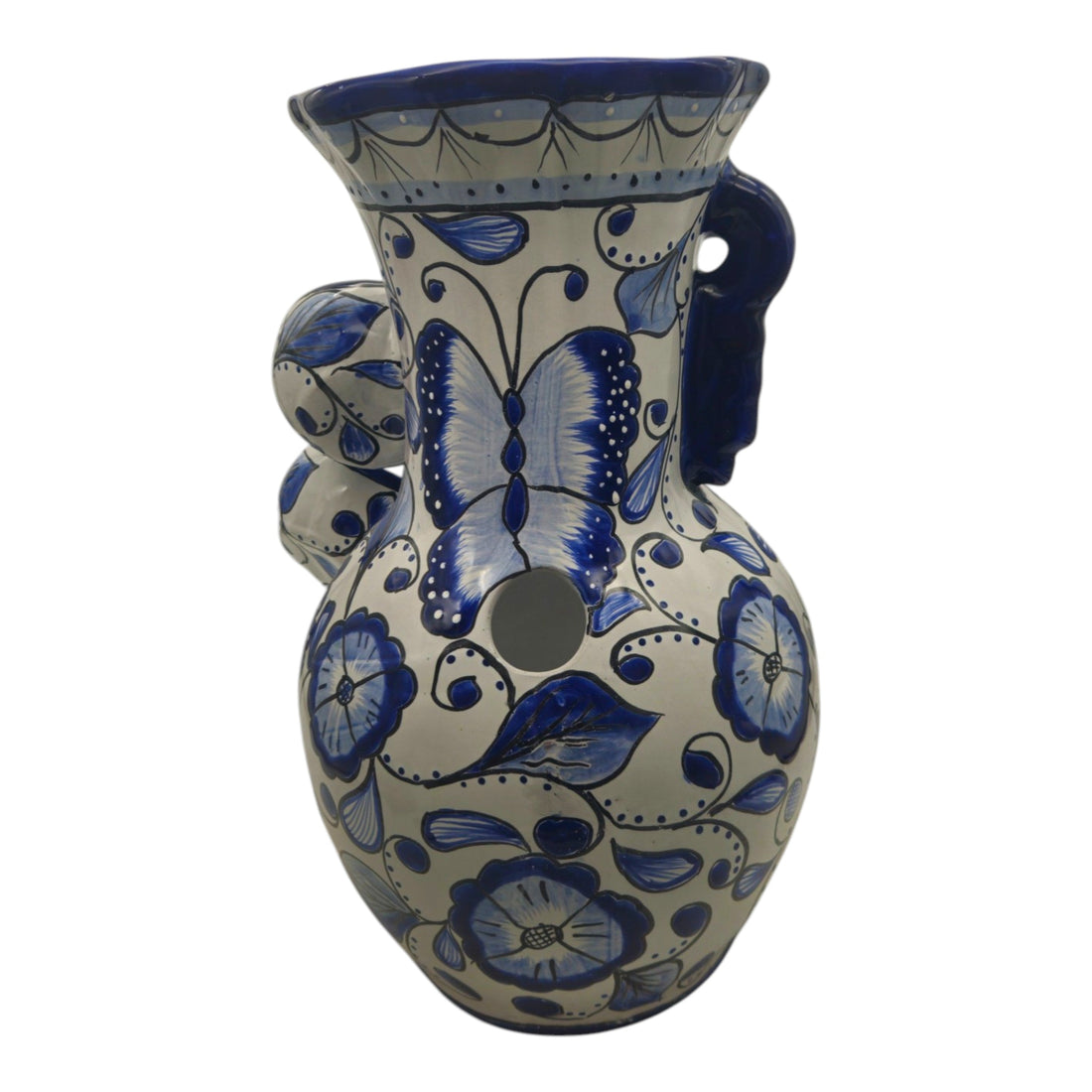 Blue & White Talavera Fountain | Handcrafted Floral Butterfly