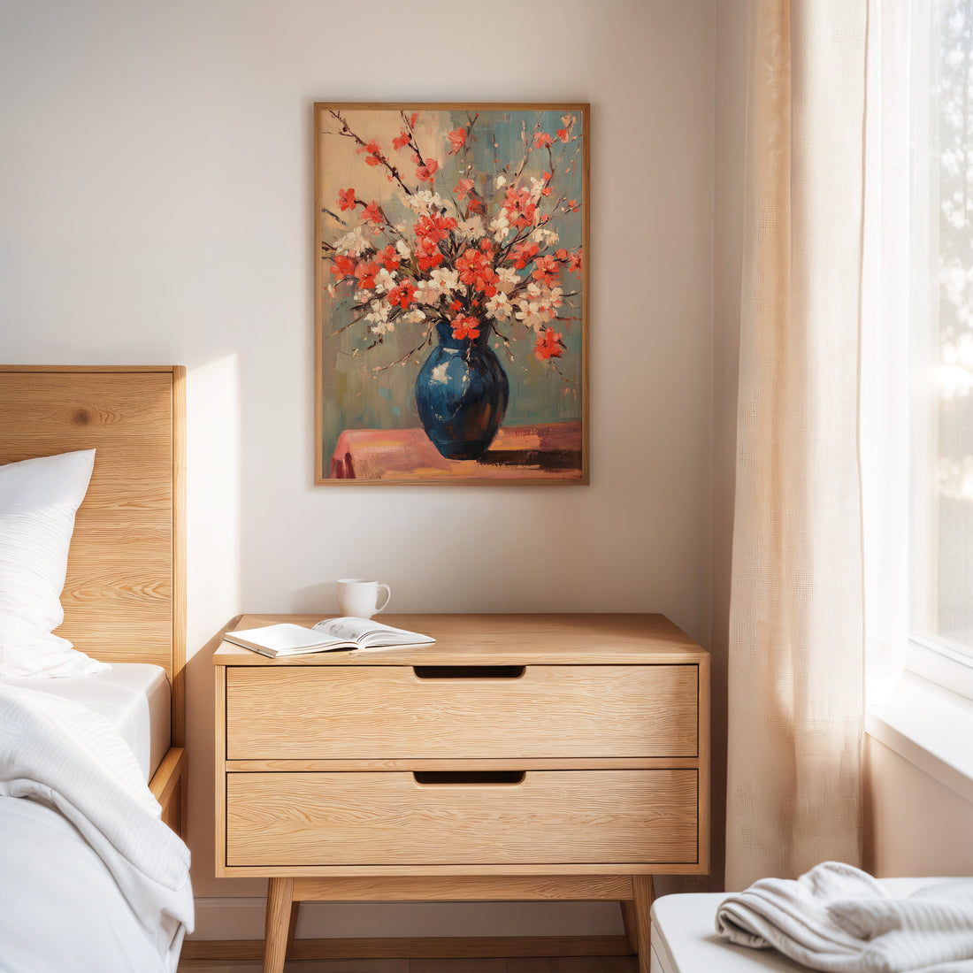 Cherry Blossom Oil Painting – Impressionist Floral Vase Wall Art