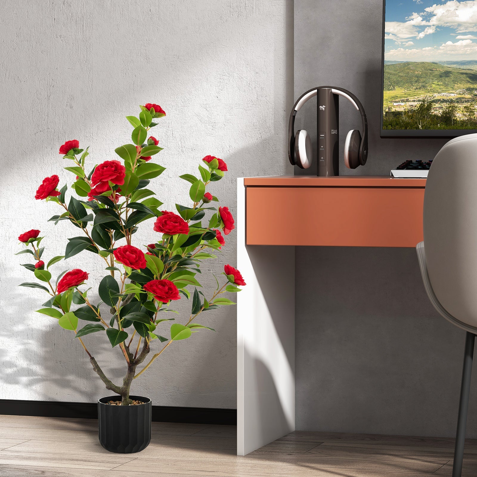 38 Inch Artificial Camellia Tree Faux Flower Plant in Cement Pot 2 Pack-Red