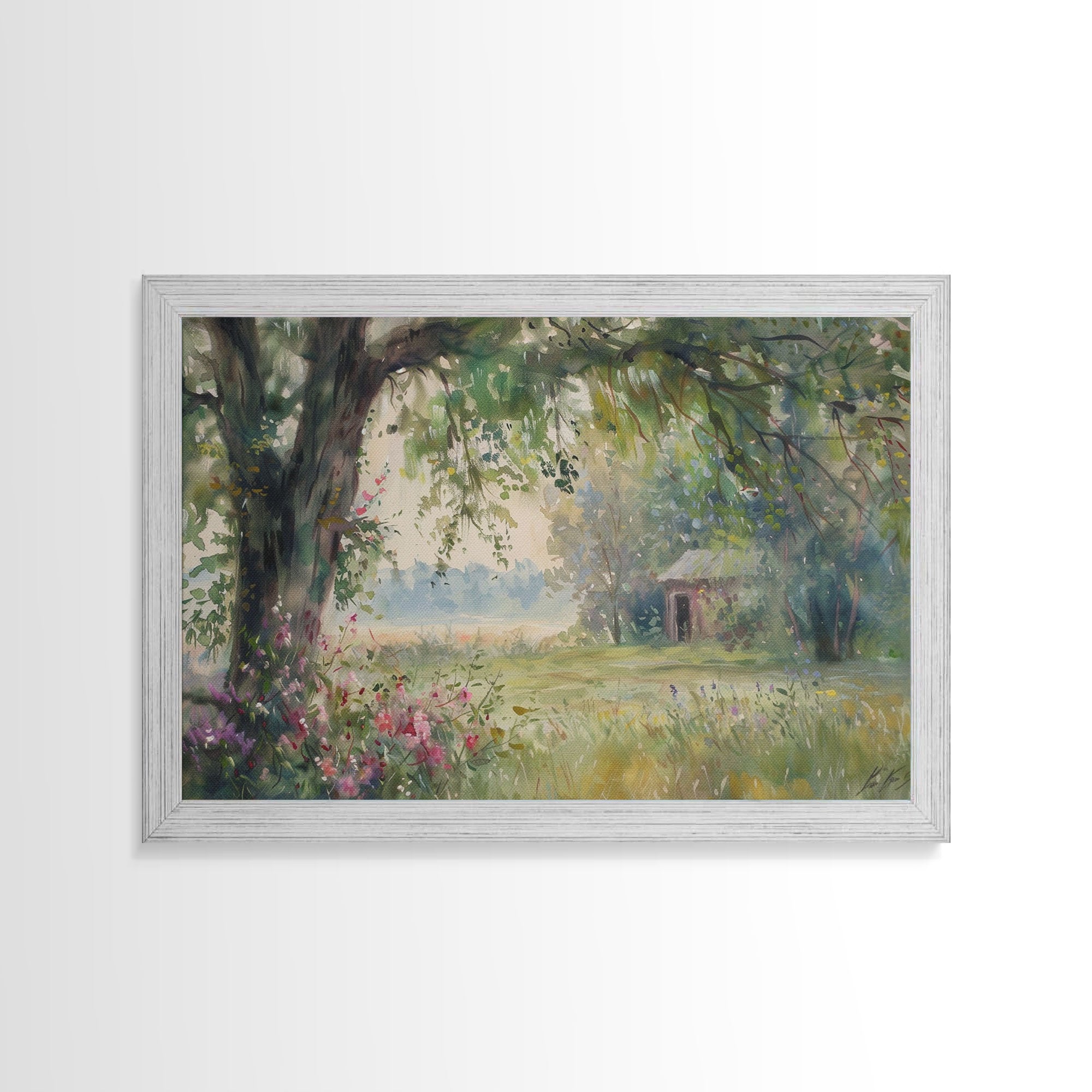 Painting Of An Old Farmhouse In The Spring, Framed Canvas Print, Watercolor Painting, Original Art, Living Room Art, Wall Art