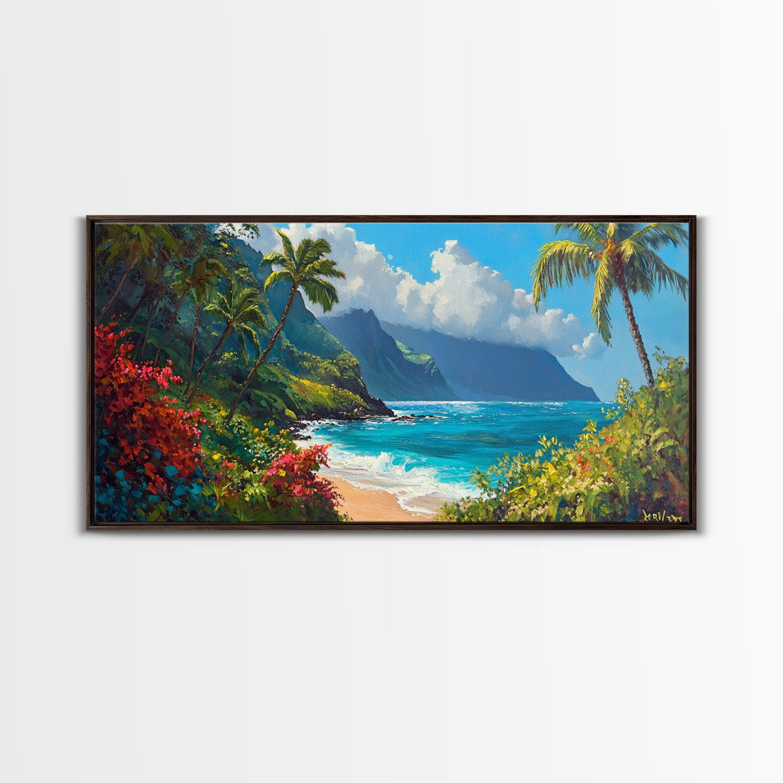 Lush Hawaiian Coast Canvas Print Coastal Painting Nautical Wall Art Panoramic Art Tropical Landscape Art Above Bed Wall Art Gift Idea