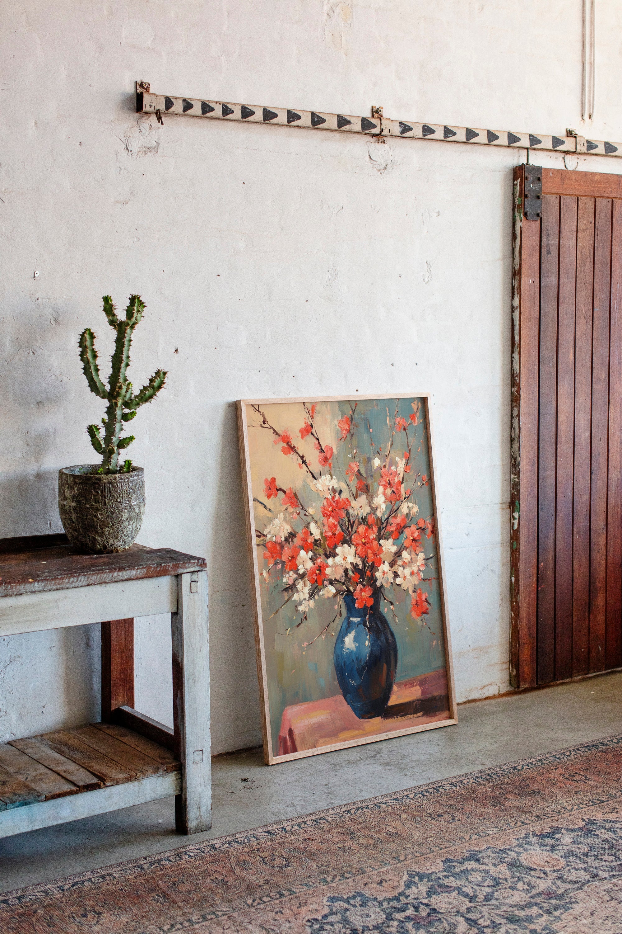 Cherry Blossom Oil Painting – Impressionist Floral Vase Wall Art