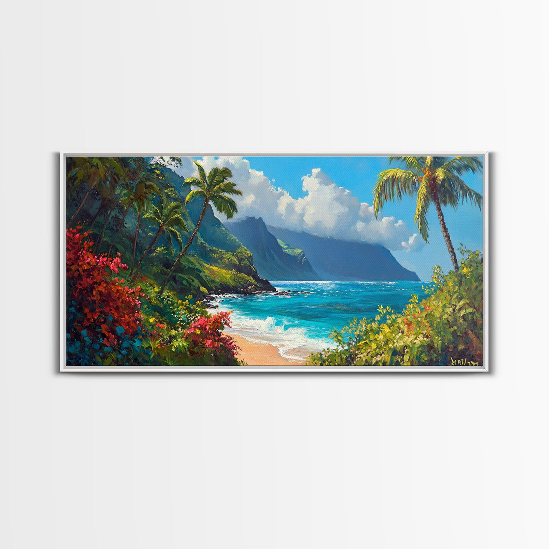 Lush Hawaiian Coast Canvas Print Coastal Painting Nautical Wall Art Panoramic Art Tropical Landscape Art Above Bed Wall Art Gift Idea