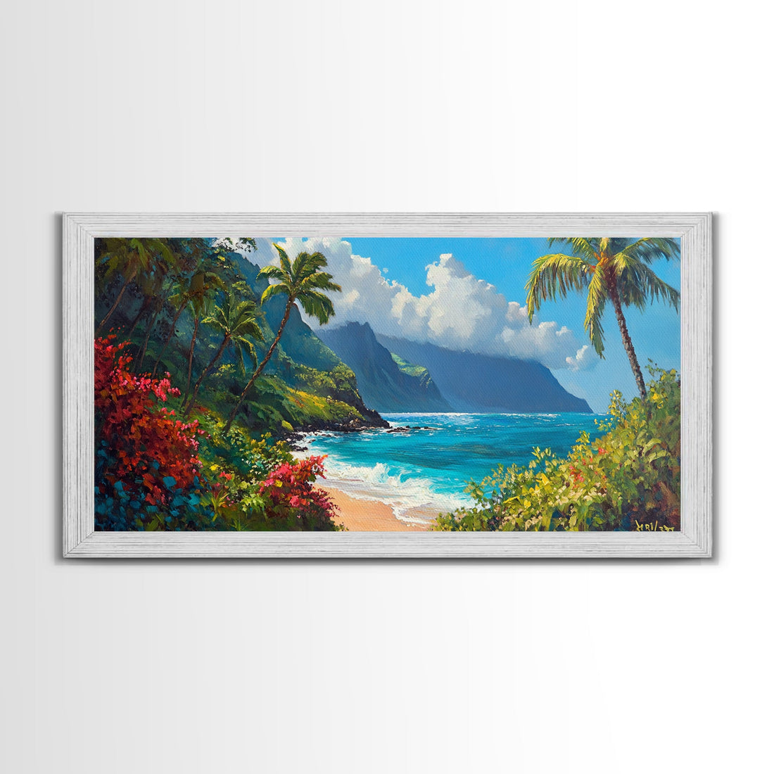 Lush Hawaiian Coast Canvas Print Coastal Painting Nautical Wall Art Panoramic Art Tropical Landscape Art Above Bed Wall Art Gift Idea