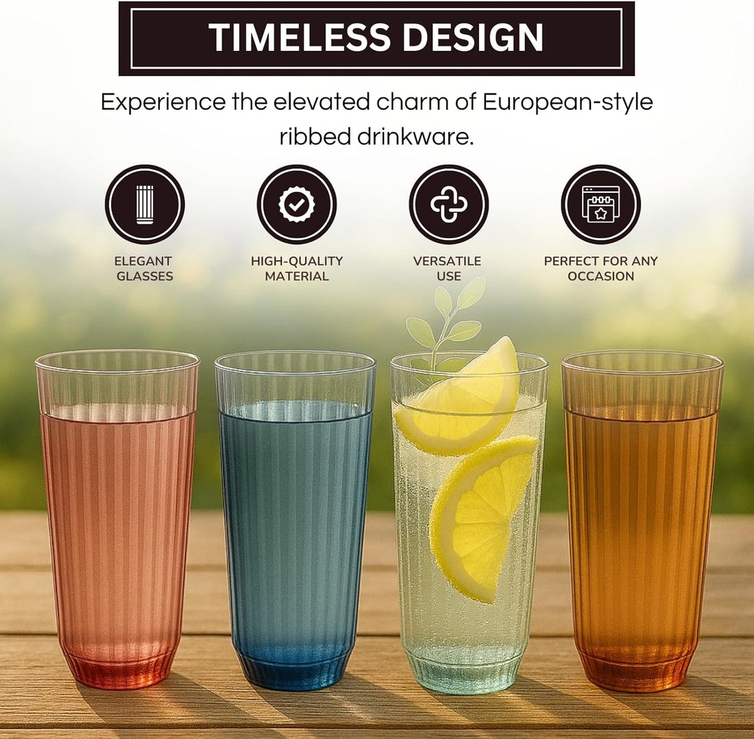 Khen Shatterproof Acrylic Ribbed Drinking Glasses Set, European Style, Dishwasher Safe, Tall | Set of 4 | Muted Tritan Drinkware, Unbreakable BPA-free Plastic, Reusable Stackable Glassware - 12OZ