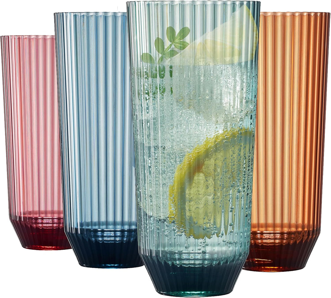 Khen Shatterproof Acrylic Ribbed Drinking Glasses Set, European Style, Dishwasher Safe, Tall | Set of 4 | Muted Tritan Drinkware, Unbreakable BPA-free Plastic, Reusable Stackable Glassware - 12OZ
