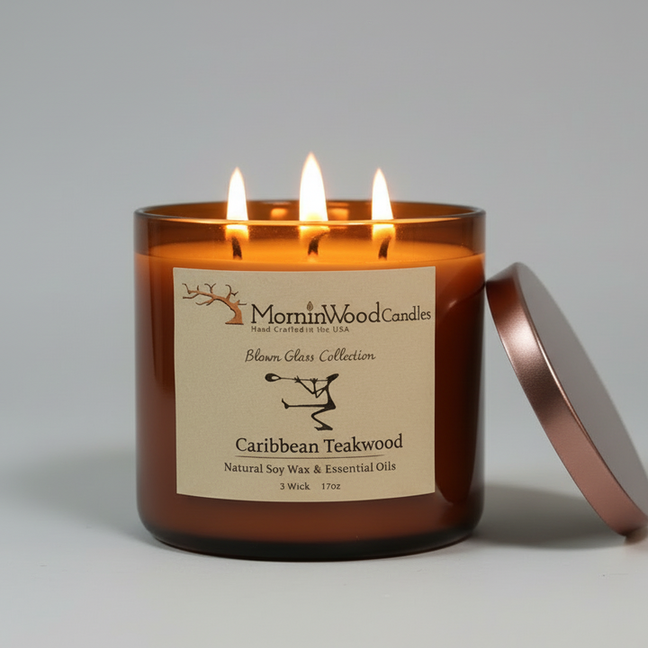 Caribbean Teakwood-Soy 3-Wick Blown Glass Collection