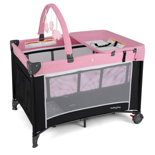 3-in-1 Portable Baby Crib and Playpen with Changing Table-Pink - Color: Pink