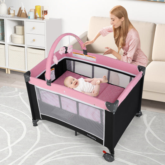 3-in-1 Portable Baby Crib and Playpen with Changing Table-Pink - Color: Pink