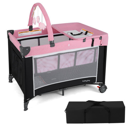 3-in-1 Portable Baby Crib and Playpen with Changing Table-Pink - Color: Pink