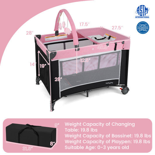3-in-1 Portable Baby Crib and Playpen with Changing Table-Pink - Color: Pink