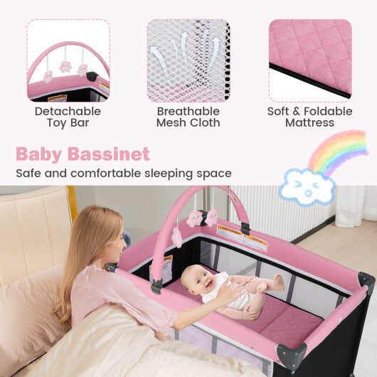 3-in-1 Portable Baby Crib and Playpen with Changing Table-Pink - Color: Pink