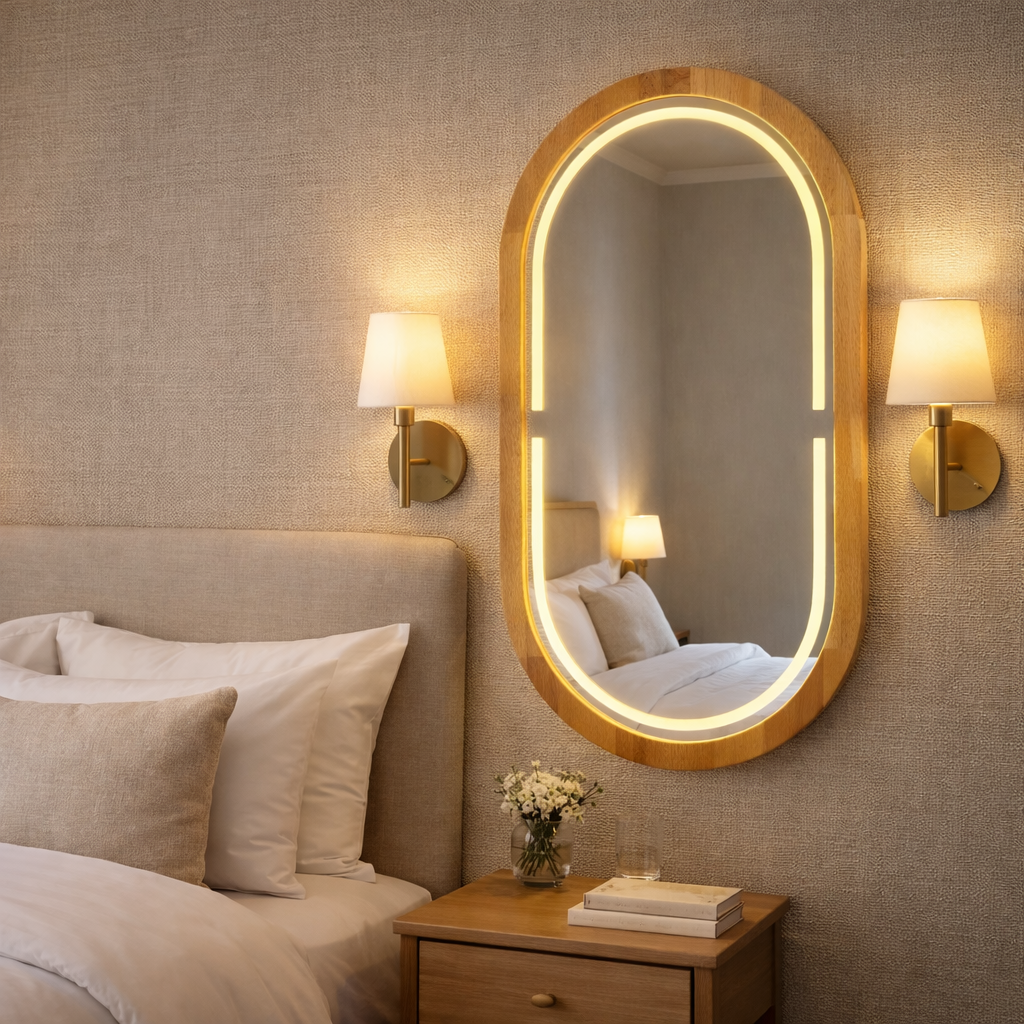 Handmade Beech Wood Framed LED Capsule Mirror Dimmable Lighted Wall Mirror