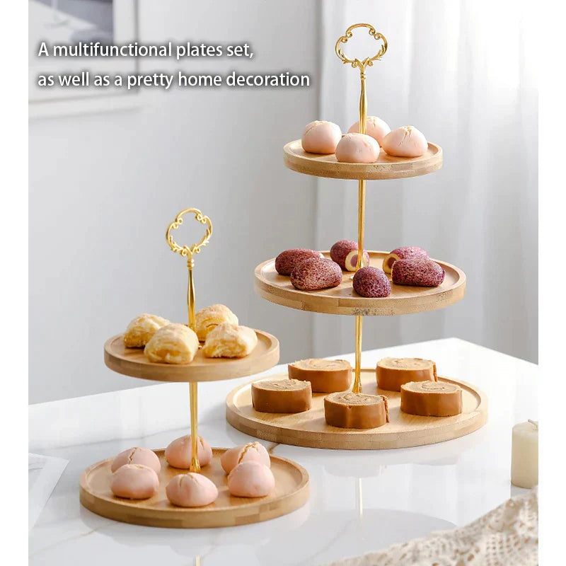 DecorBites™ Bamboo Fruit Cake Stand Set Wood Tableware Snack Dessert Candy Plate