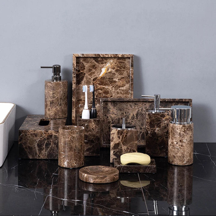 DecorBites™ Emperador Dark Marble Bathroom Set: Toothbrush Holder, Soap Dish, Soap Dispenser