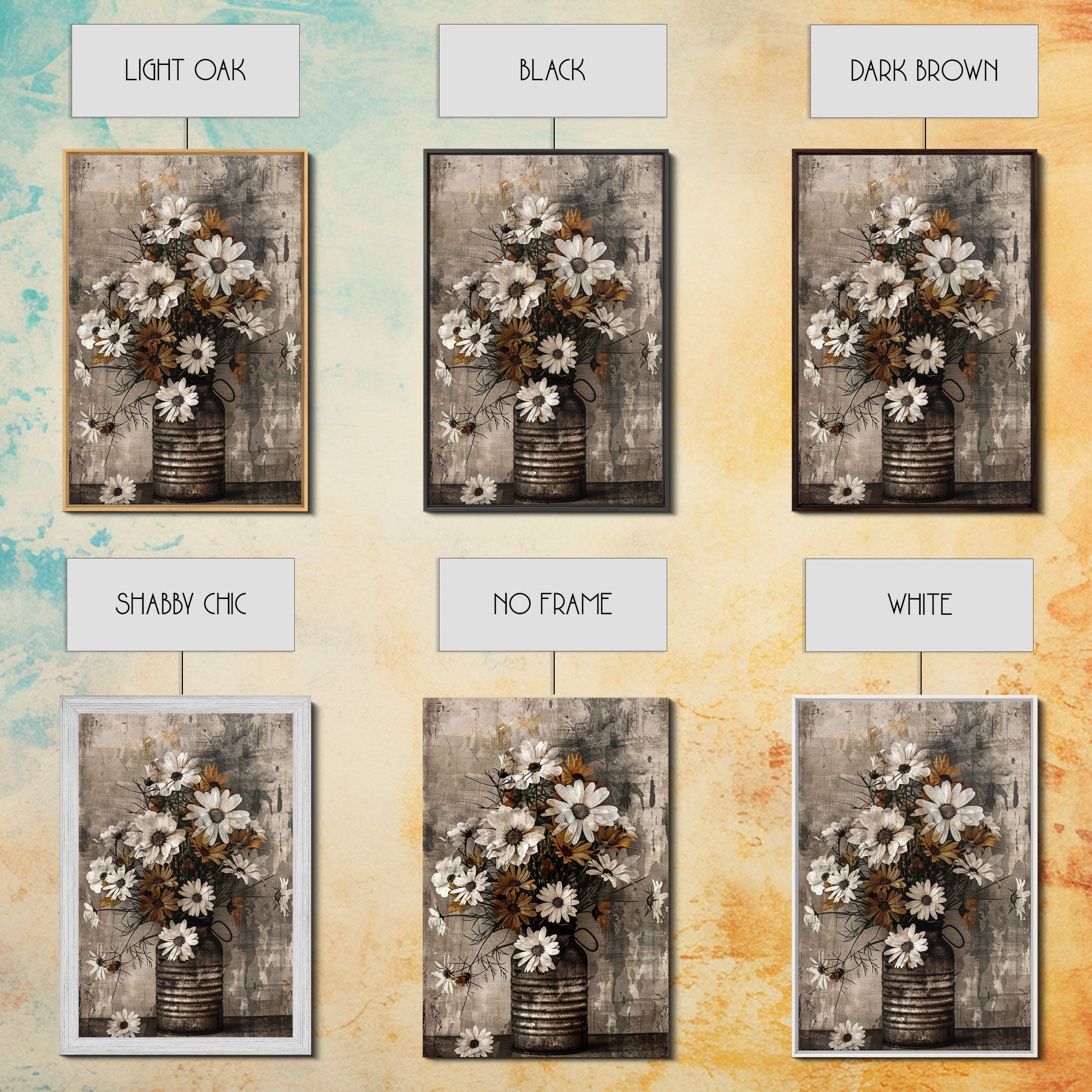 Rustic metal vase with daisies against a distressed background Framed Canvas Print - floral art, farmhouse decor, rustic wall art