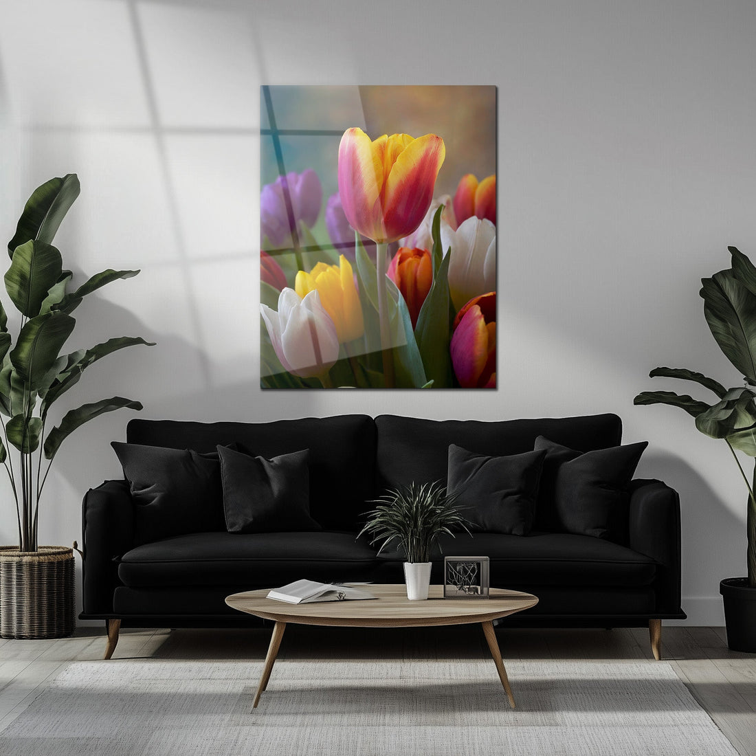 Colorful Tulip Bouquet Glass Wall Art – Vibrant Spring Floral UV Print-KAFCD049