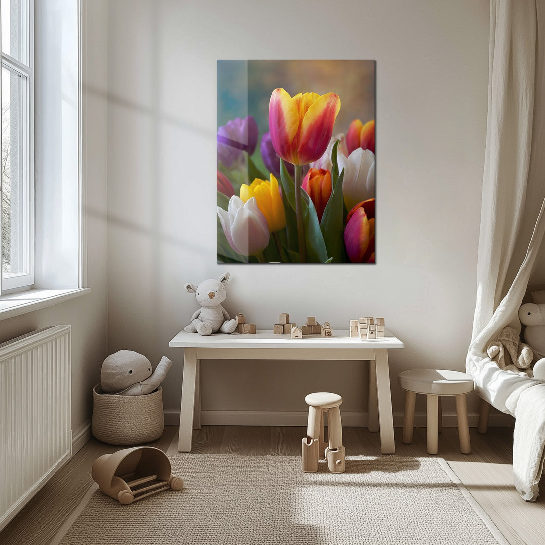 Colorful Tulip Bouquet Glass Wall Art – Vibrant Spring Floral UV Print-KAFCD049