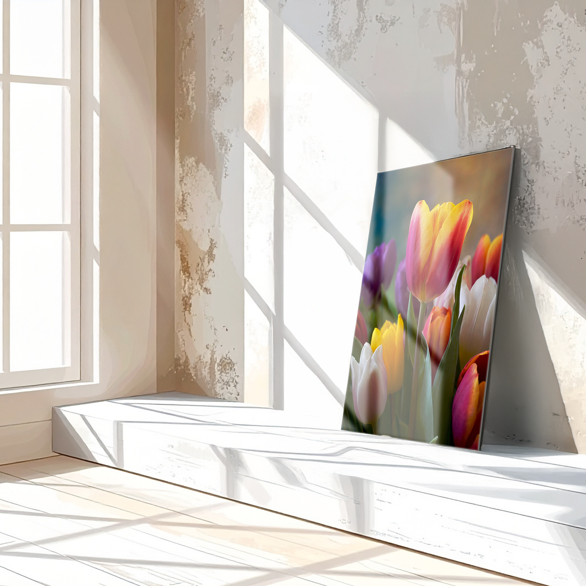 Colorful Tulip Bouquet Glass Wall Art – Vibrant Spring Floral UV Print-KAFCD049