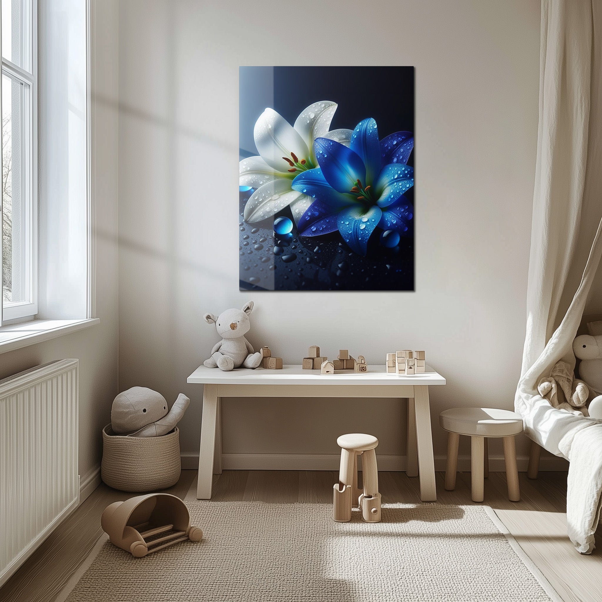 Blue and White Lilies with Dew Drops – Elegant UV Glass Floral Wall Art - KAFCD096