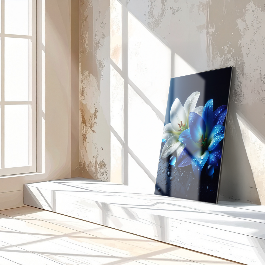 Blue and White Lilies with Dew Drops – Elegant UV Glass Floral Wall Art - KAFCD096