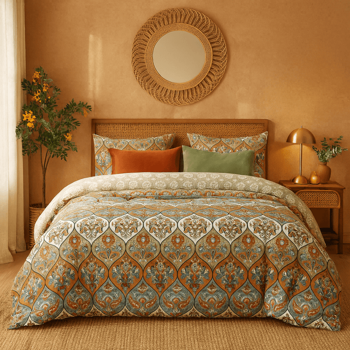 DaDalogy Bedding Bohemian Duvet Cover w/Pillow Cases - Reversible Coral Teal Floral Paisley Botanical Garden Party - Bright Vibrant Multi-Colorful Blue Salmon Pink