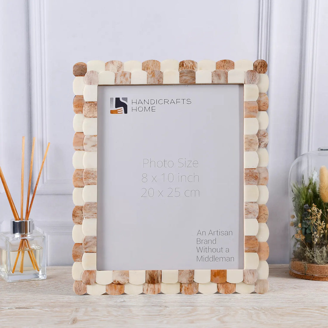 Picture Frame Scalloped Art Collection Bone Inlay Brown White 3 Sizes