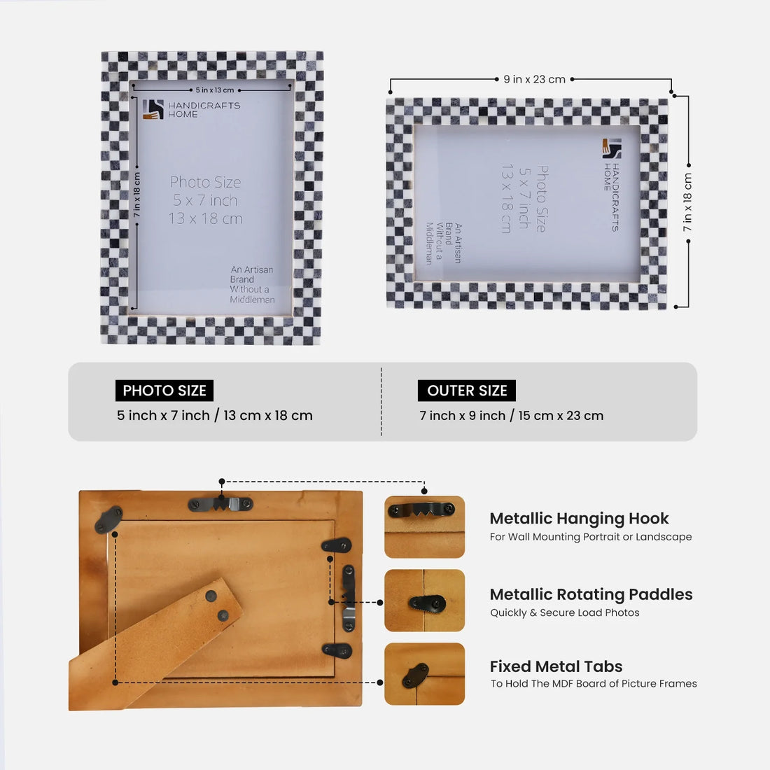 Picture Frame Checkered Pattern Collection Bone Inlay Grey 3 Sizes