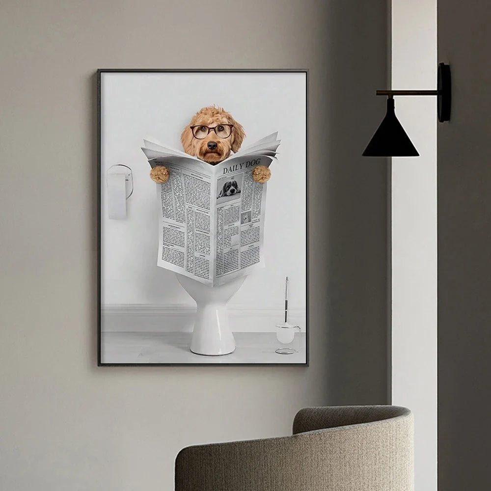 Funny Dachshund Toilet Reading Canvas Wall Art Bathroom Decor