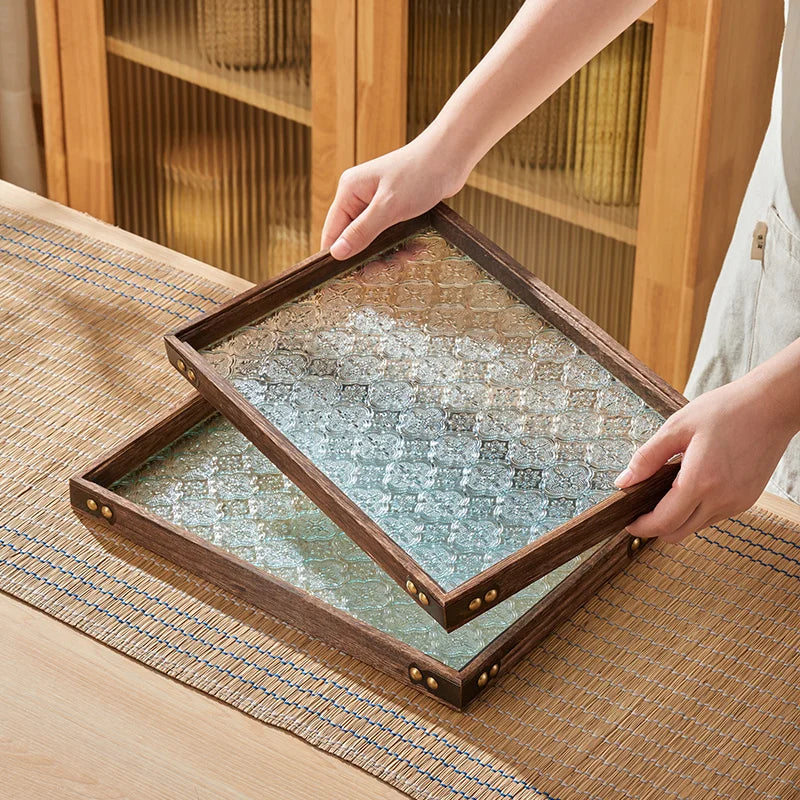 DecorBites™ Glass Wood Tea Table Tray, Rectangular Snack Food Fruit Bowl Serving Tray