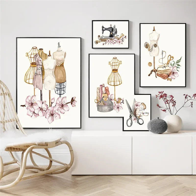 Bohemian Sewing Machine Women Fashion Canvas Wall Art Home Decor