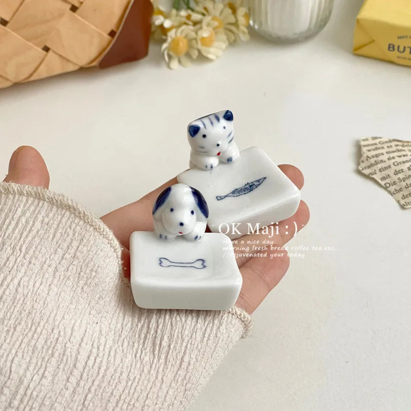 Kawaii Cat Dog Chopstick Holder Ceramic Tableware Rest Kitchen Decor