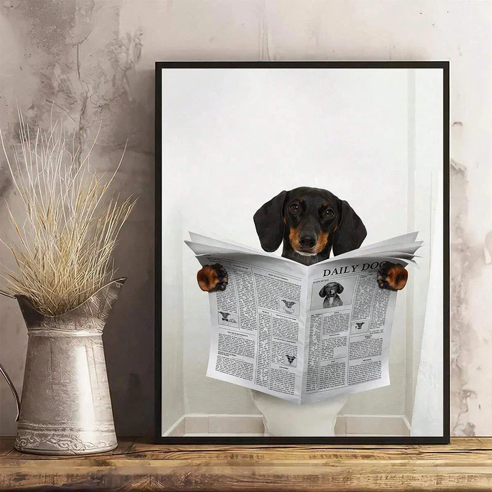 Funny Dachshund Toilet Reading Canvas Wall Art Bathroom Decor