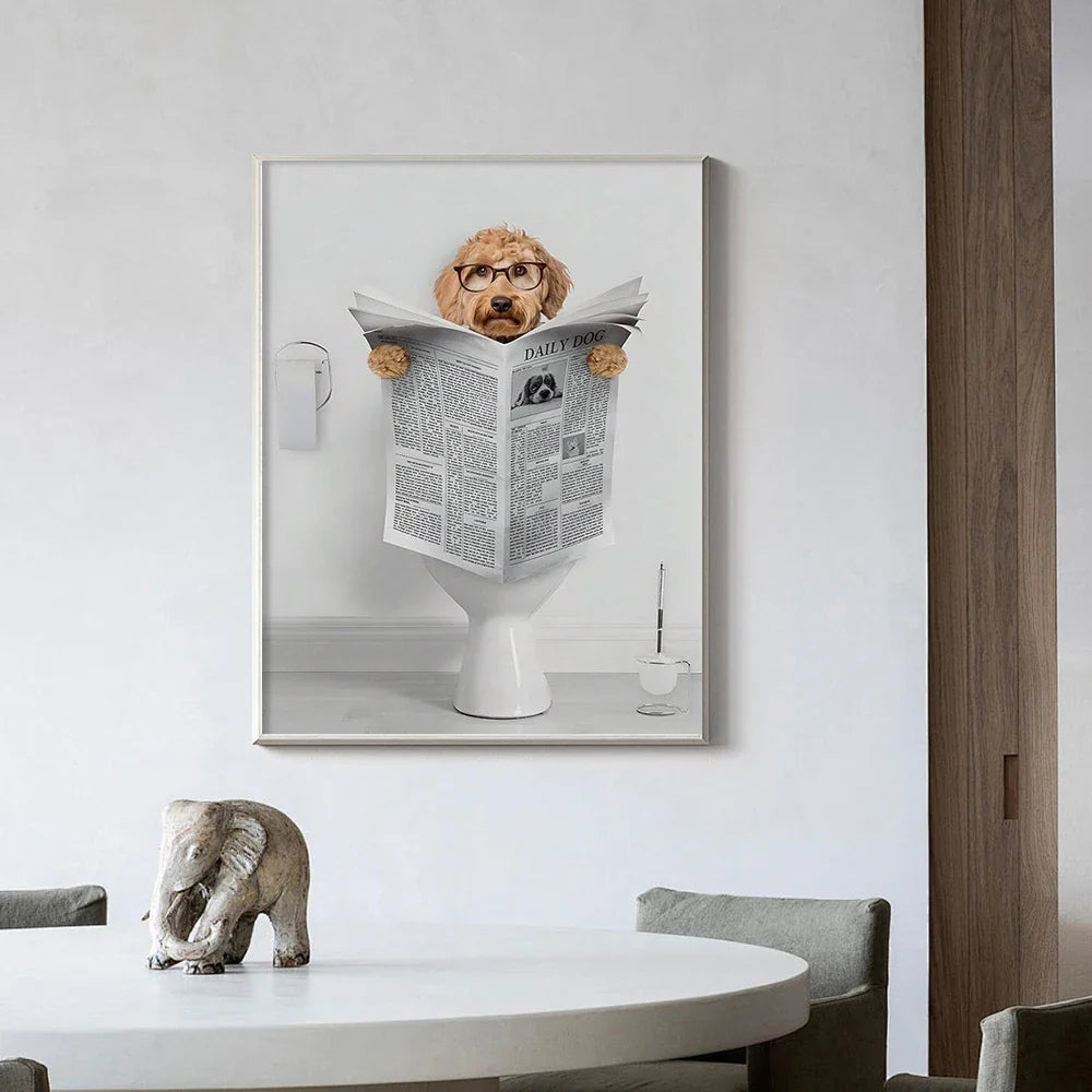 Funny Dachshund Toilet Reading Canvas Wall Art Bathroom Decor
