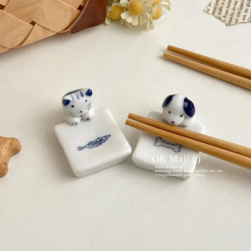 Kawaii Cat Dog Chopstick Holder Ceramic Tableware Rest Kitchen Decor