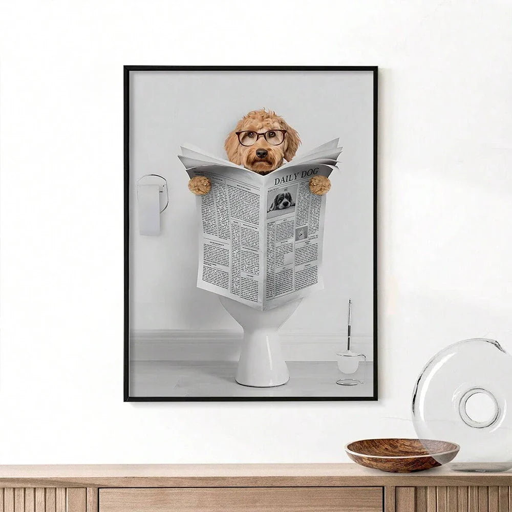 Funny Dachshund Toilet Reading Canvas Wall Art Bathroom Decor