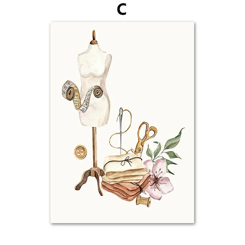 Bohemian Sewing Machine Women Fashion Canvas Wall Art Home Decor