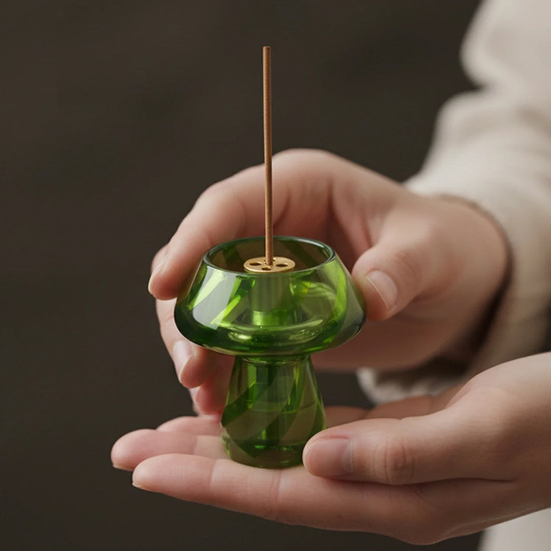 Glass Mushroom Incense Burner Brass Nine Hole Holder Home Decor