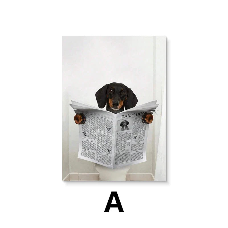 Funny Dachshund Toilet Reading Canvas Wall Art Bathroom Decor
