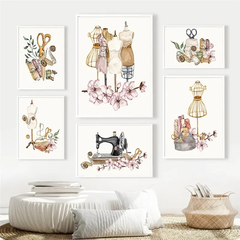 Bohemian Sewing Machine Women Fashion Canvas Wall Art Home Decor