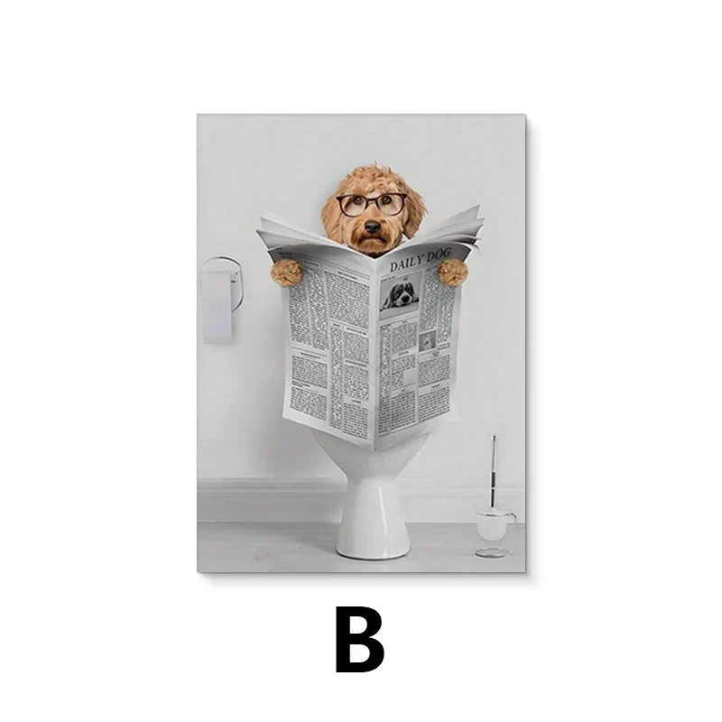 Funny Dachshund Toilet Reading Canvas Wall Art Bathroom Decor
