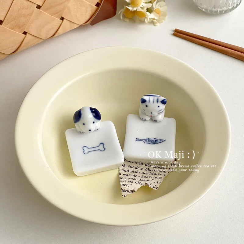 Kawaii Cat Dog Chopstick Holder Ceramic Tableware Rest Kitchen Decor