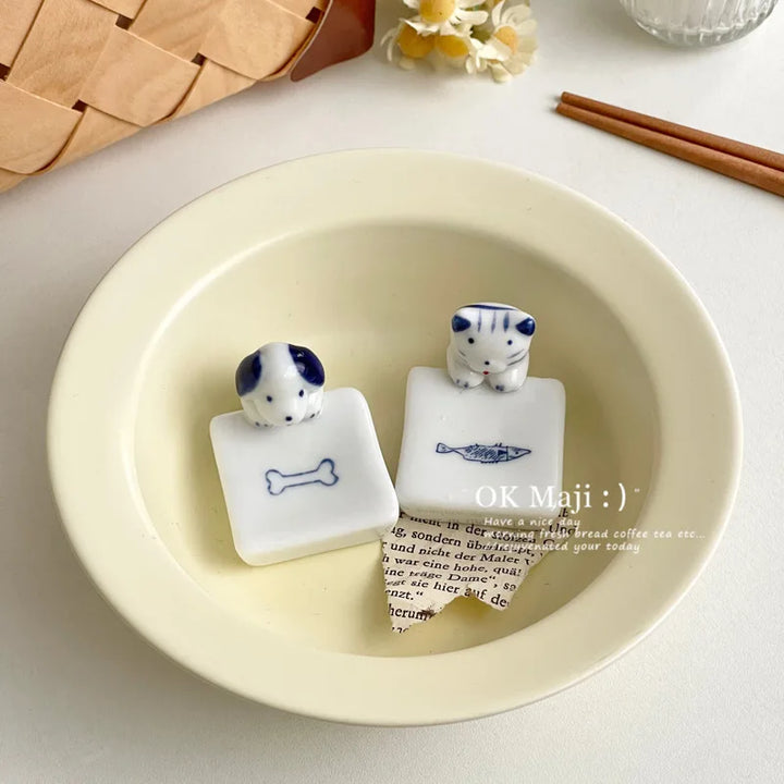 Kawaii Cat Dog Chopstick Holder Ceramic Tableware Rest Kitchen Decor