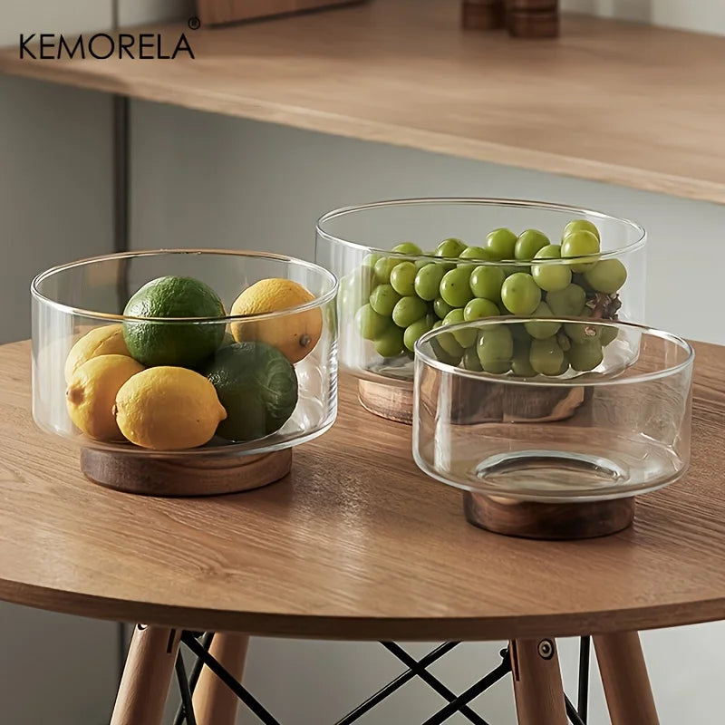 DecorBites™ Creative Glass Fruit Bowl with Wood Base - Large Salad Bowl for Snacks, Popcorn, Nuts, and More