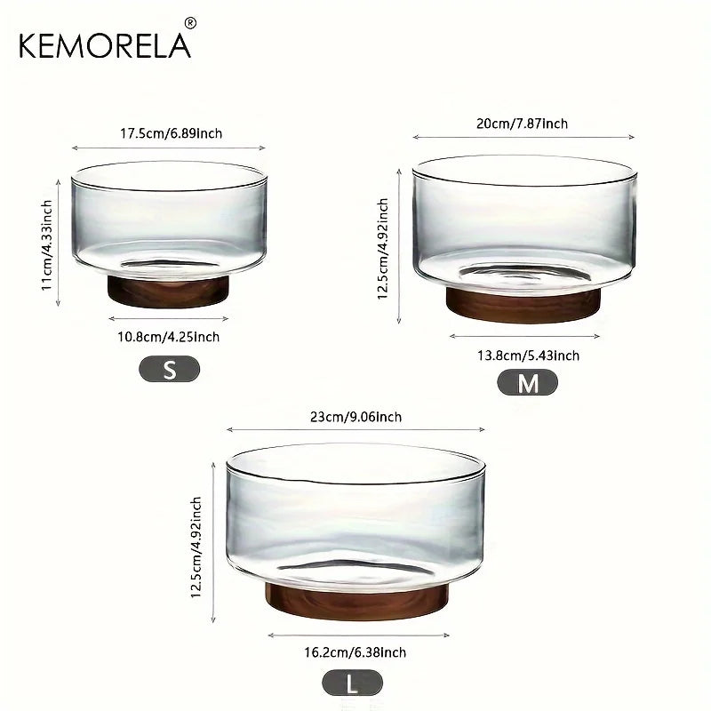 DecorBites™ Creative Glass Fruit Bowl with Wood Base - Large Salad Bowl for Snacks, Popcorn, Nuts, and More