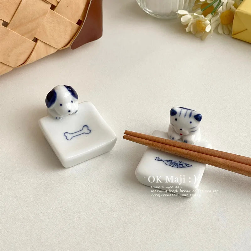 Kawaii Cat Dog Chopstick Holder Ceramic Tableware Rest Kitchen Decor